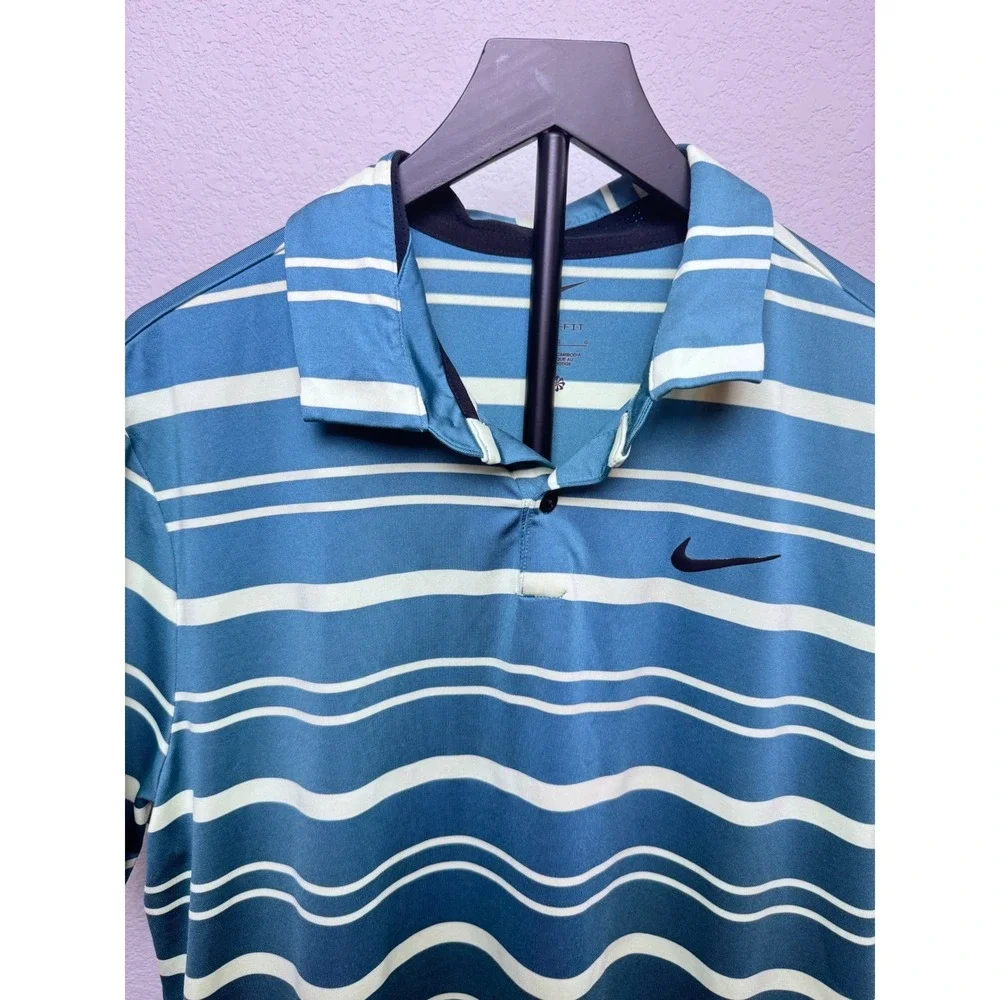 Nike Dri-FIT Mens Golf Polo Shirt Blue Green Striped Large Active Outdoor